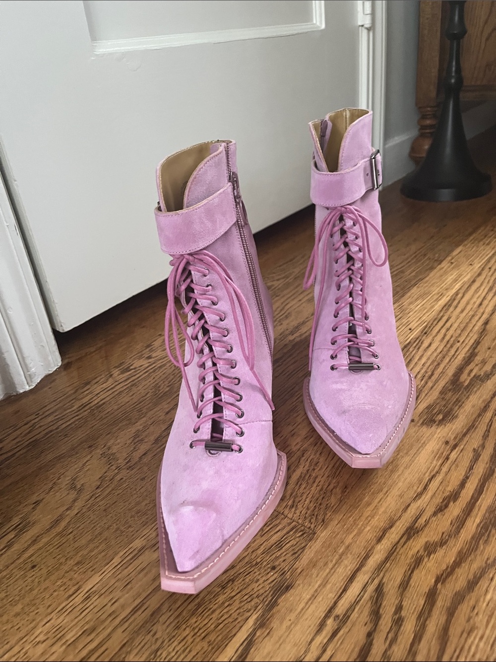 Pink Suede Lace-Up Ankle Boots with Buckle Strap - Picture 2 of 6